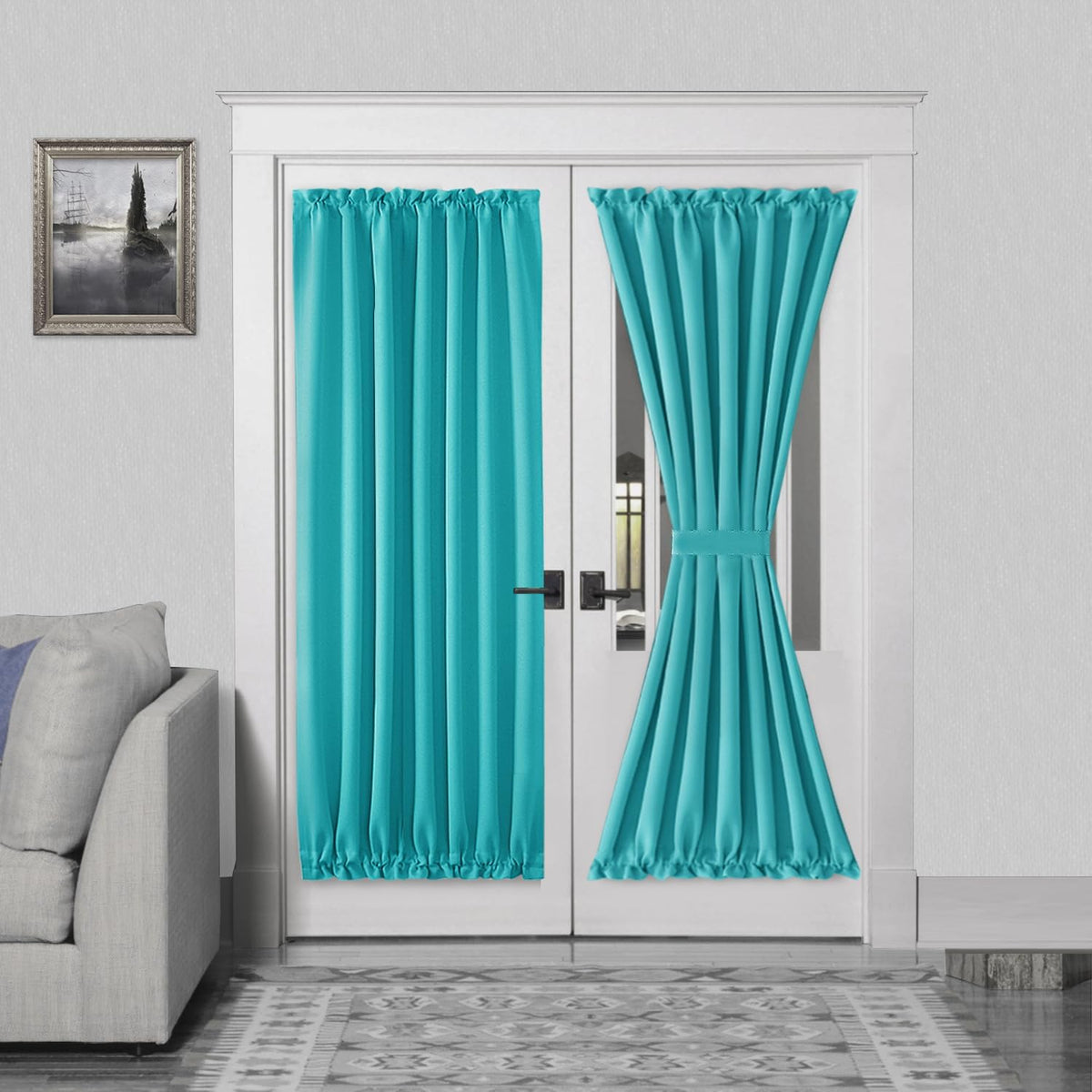 DWCN French Door Curtains â Rod Pocket Thermal Blackout Curtain for Doors with Glass Window, Kitchen and Patio Doors for Privacy, 54 X 72 Inches Long, 1 Curtain Panel with Tieback, Turquoise