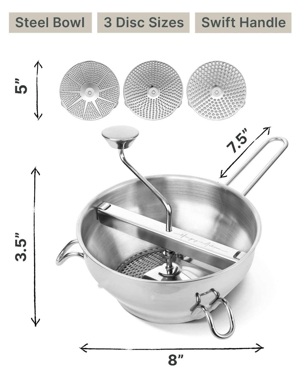 Stainless Steel Food Mill with 3 Discs – Ergonomic Rotary Hand Crank for Tomato Sauce, Applesauce, Baby Food, Mashed Potatoes, Puree & Canning