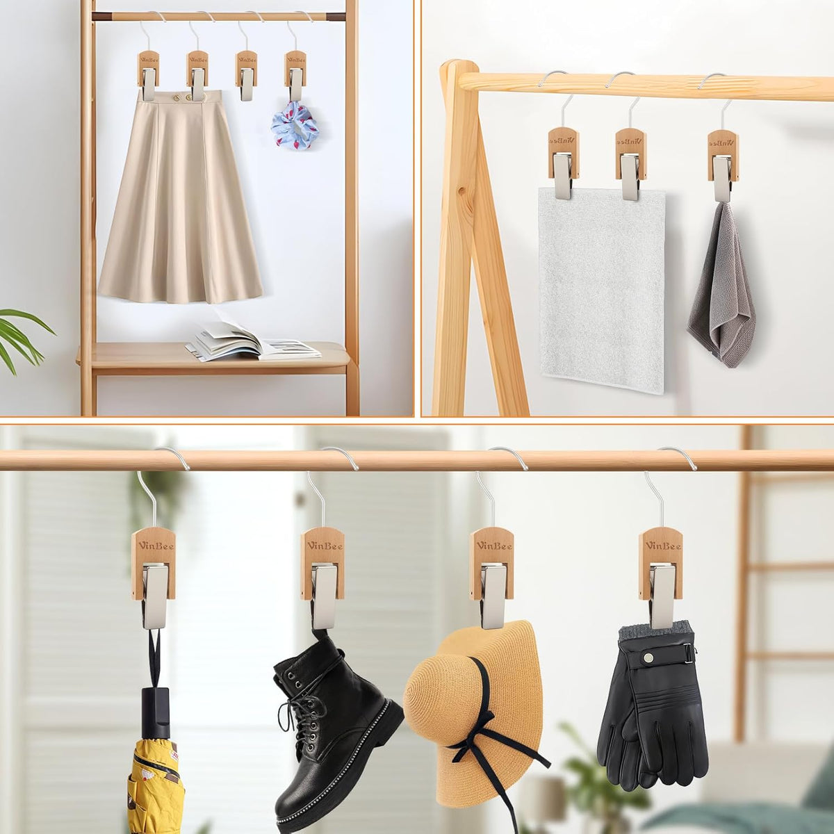 VinBee 6 PCS Hooks with Clips for Hanging,Wooden Laundry Hooks Hanging Clips Hook,Clothes Pins with Hook,Wooden Closet Organizer Clamps Clothes Clip Laundry Clip with Hook for Pants Hats Socks Gloves