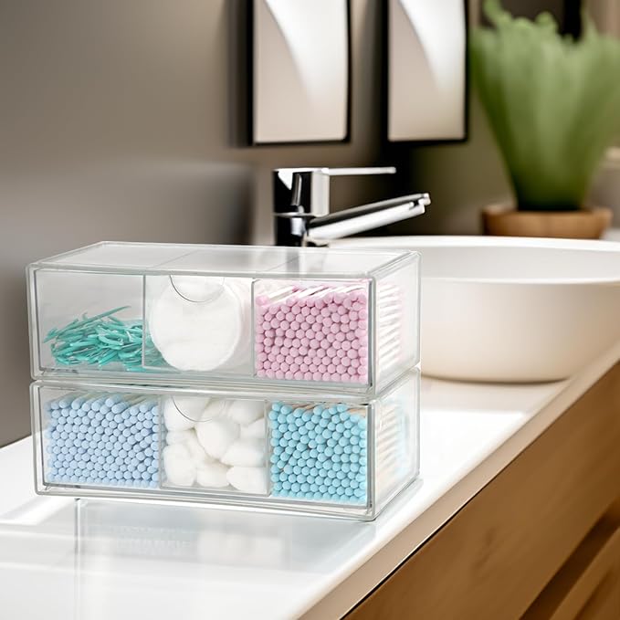 Set of 2 Stackable Storage Drawers - 7.8" Clear Plastic Drawer Storage, Acrylic Makeup Organizer, Desk Counter Cabinet Office Organizer, Bathroom Organizers and Storage (3 Grid/Set of 2)