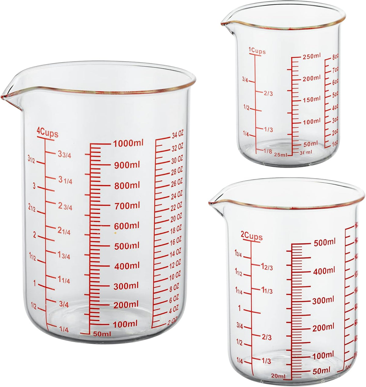 High Borosilicate Glass Measuring Cup Set-V-Shaped Spoutï¼Includes 250ml(8OZ), 500ml(16OZ), and 1000ml(32OZ) Glass Measuring Beaker for Kitchen or Restaurant, Easy to Read