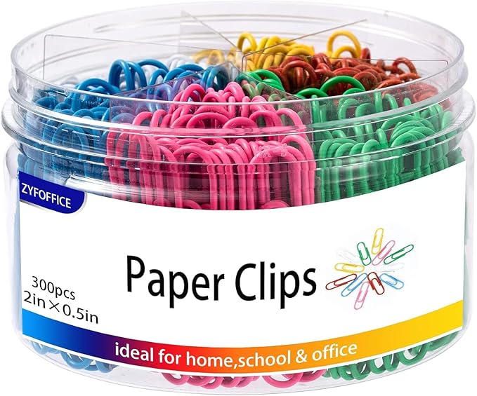 Colored Jumbo Paper Clips, 300pcs 2 Inch (50 mm) Paper Clip Paperclips Colorful Clips for Paperwork Ideal for Home, School and Office Use Colored (Colorful, 2 Inch)