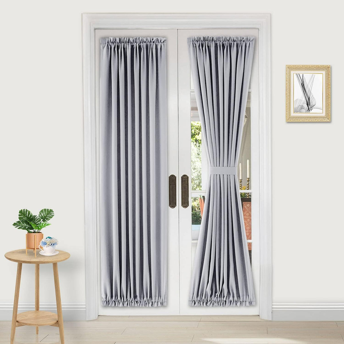 DWCN French Door Curtains â Rod Pocket Thermal Blackout Curtain for Doors with Glass Window, Kitchen and Patio Doors for Privacy, 25 X 72 Inches Long, 1 Curtain Panel with Tiebackï¼Silver Grey