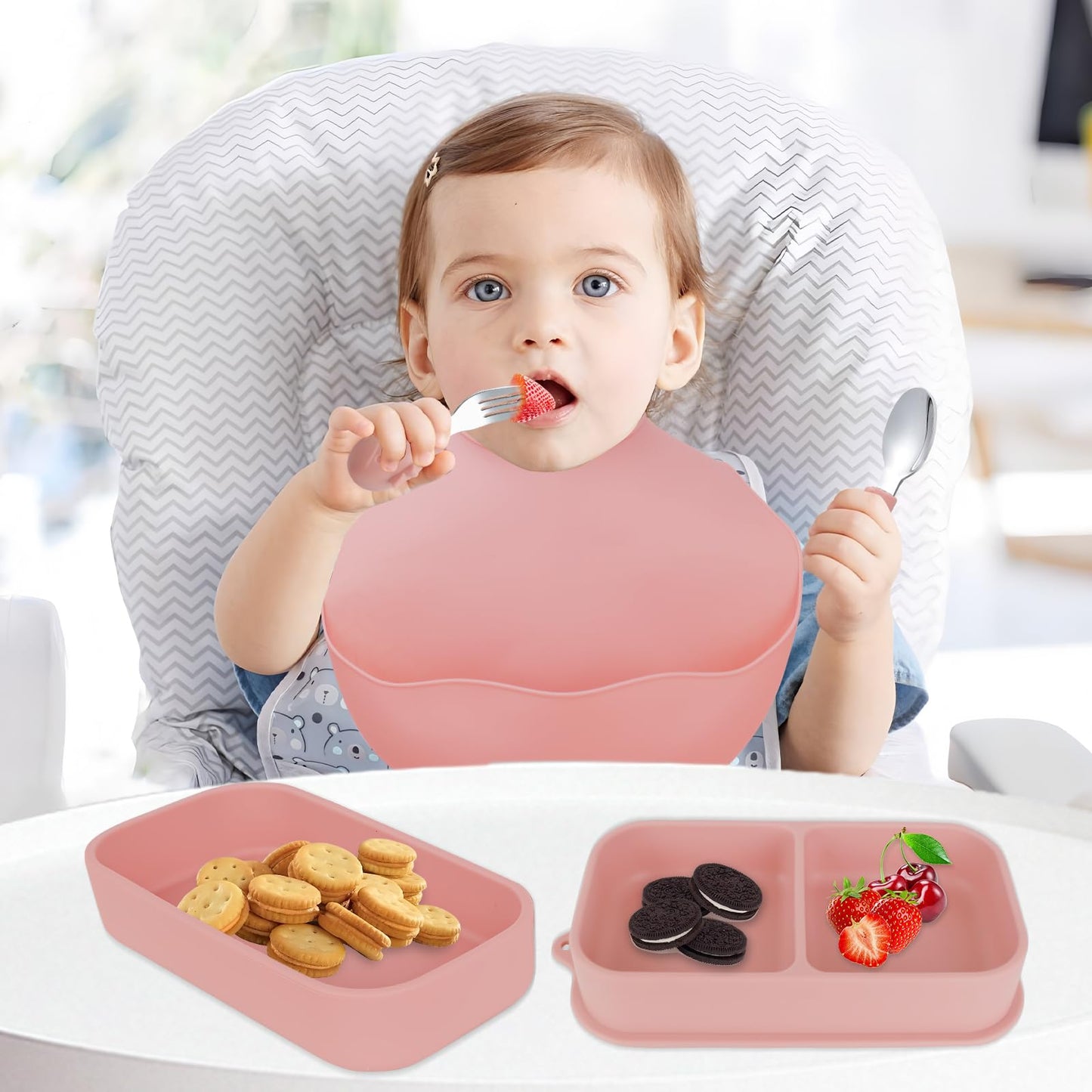 Travel Silicone Baby Feeding Set with 316 Stainless Steel Spoon & Fork ,Silicone Suction Plates, Foldable Bib, Storage Bag - Portable Infant Toddler Utensils, 6-Piece BPA-Free Dishware Kit(pink)
