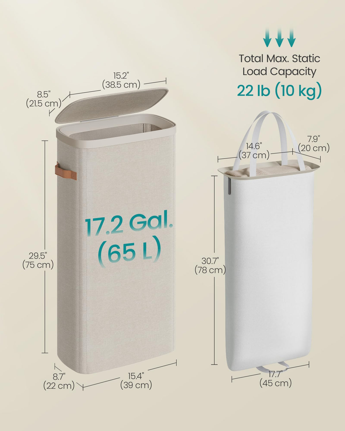 SONGMICS Laundry Basket, 17.2 Gal. Laundry Hamper, Easy Assembly, with Lid and Handles, Removable Liner, 15.4 x 8.7 x 29.5 Inches, Cappuccino Beige ULCB810LH01