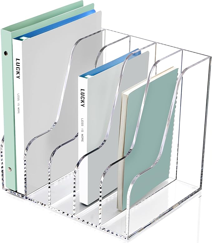 SANRUI Acrylic Desk Organizers, Clear Magazine File Holder, 5 Vertical Compartments A4 Folder Binder Holders Sorter, Office Desktop Workspace Organization Storage Rack for Office Home School
