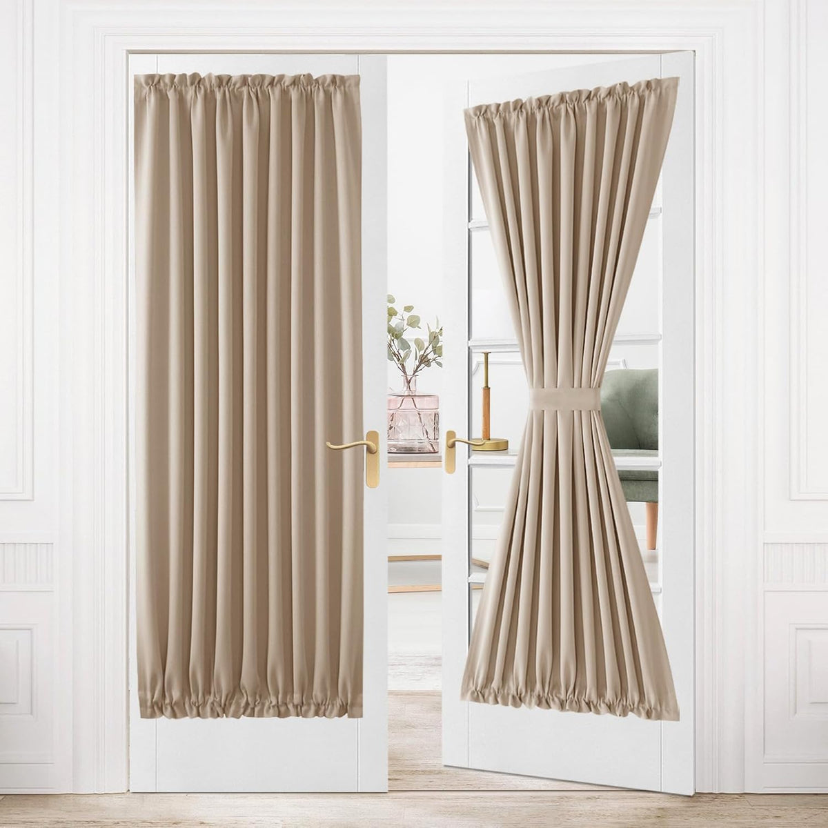 DWCN French Door Curtains â Rod Pocket Thermal Blackout Curtain for Doors with Glass Window, Kitchen and Patio Doors for Privacy, 54 X 80 Inches Long, 1 Curtain Panel with Tieback, Beige