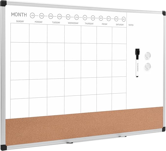 Amazon Basics 24" x 36" Monthly Whiteboard Calendar with Cork Board, Wall Mounted, Easy to Install, Silver Aluminum Frame