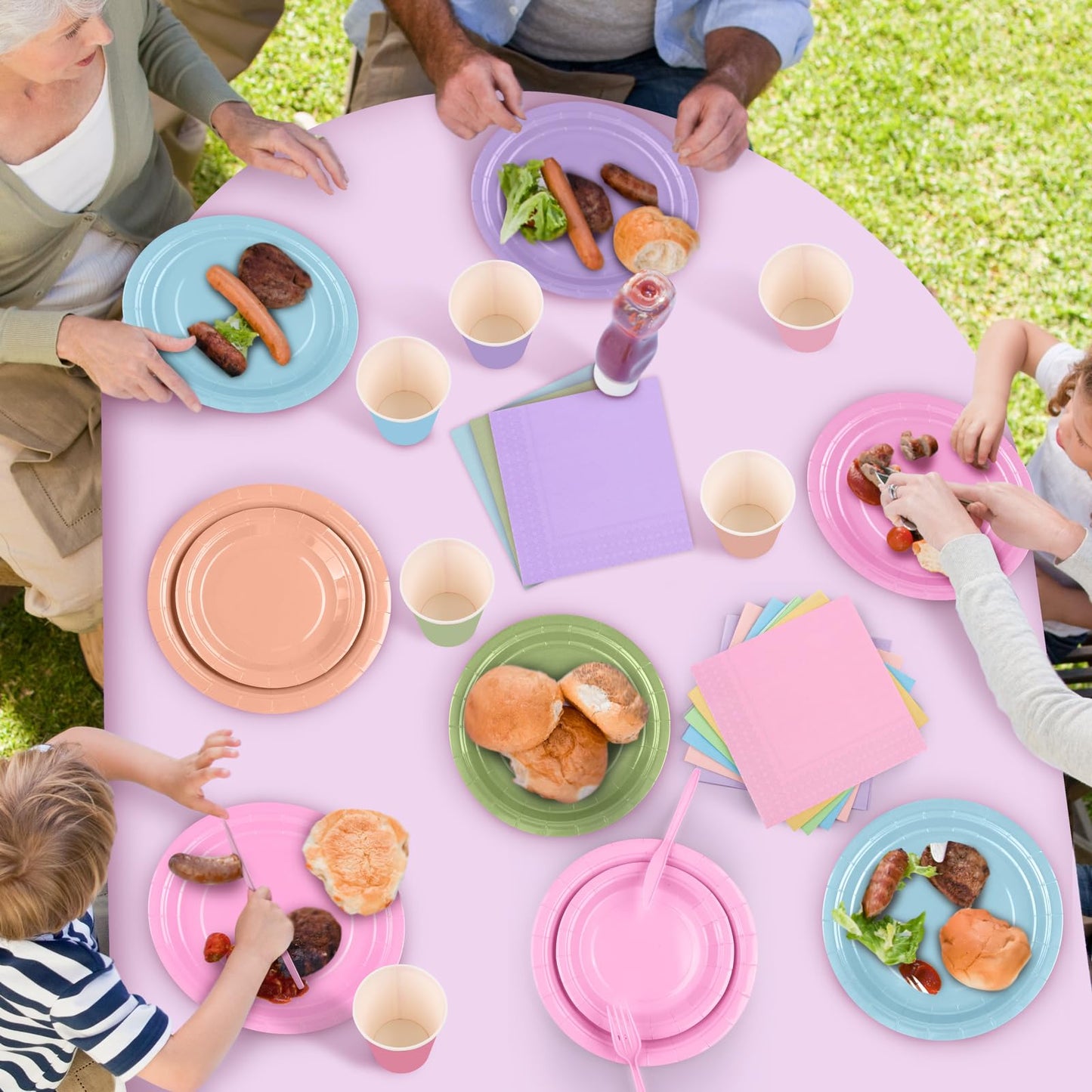 Kochorie 169 Pieces Pastel Party Supplies Disposable Dinnerware Set Include Plates and Cups Napkins Plastic Forks Knives Spoons Tablecloth for Wedding Birthday Party Decorations, Serve 24 Guests