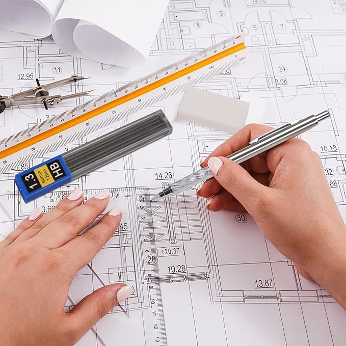 1.3 mm Mechanical Pencil Set with 4 Tubes Lead Refills,2 Eraser,1.3mm Mechanical Pencils,Metal Drafting Pencil, Lead Holder,Drawing Mechanical Pencils,Carpenter Pencils for Marking, Sketching