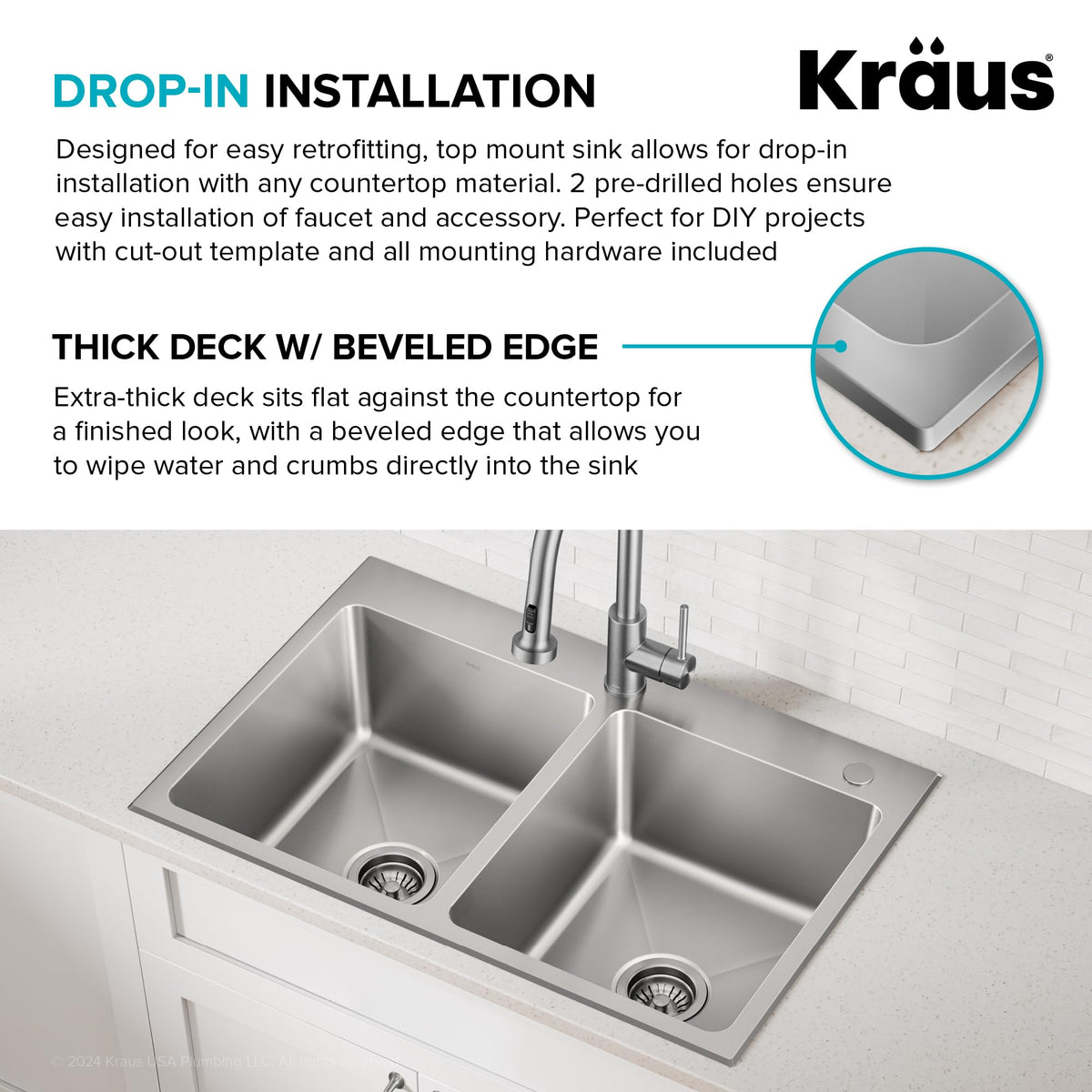 KRAUS Fairlane 33-inch Drop In/Top Mount Double Bowl 18-Gauge Stainless Steel Kitchen Sink, KHT632-33