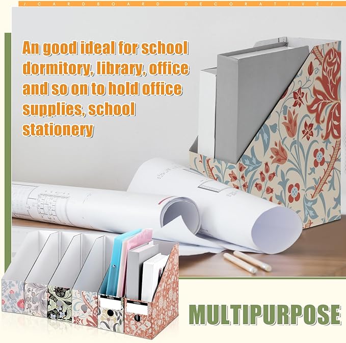 PerKoop 6 Pcs Magazine File Holder Foldable Decorative Cardboard File Folders 6 Patterns Floral Colored Magazine Rack with Printable Sticker Labels for School Office Home Desk (Floral)