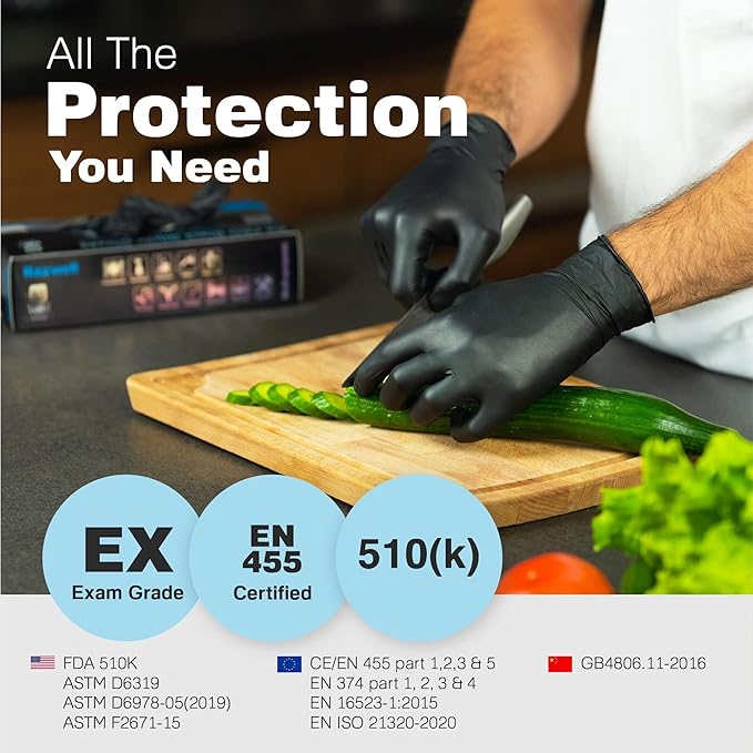 Raxwell Black Nitrile Gloves | Black Gloves Disposable Latex Free 4.5mil Powder Free, Food Safe Gloves, Cooking Gloves