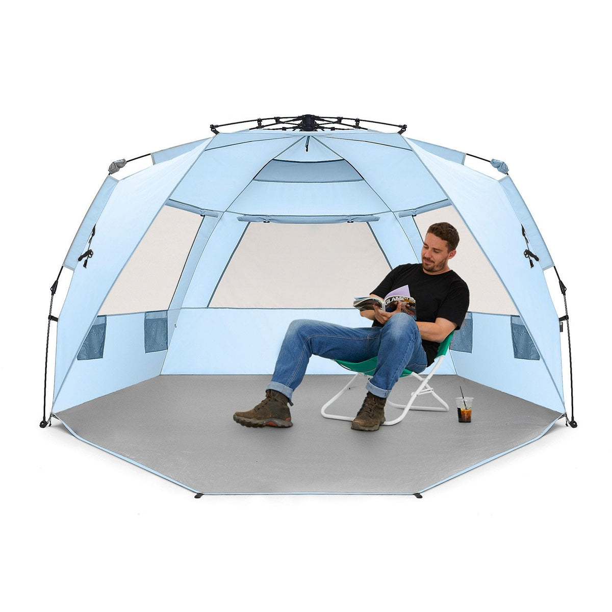Easthills Outdoors Instant Shader Deluxe XL Beach Tent Easy Up 99" Wide for 4-6 Person Sun Shelter - Extended Zippered Porch Included Blue