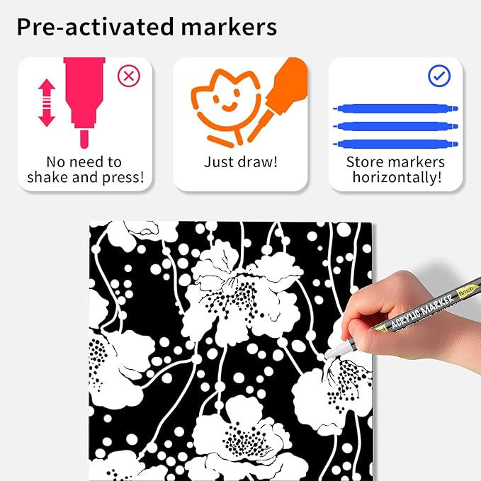 NAWOD 3 White Acrylic Paint Pens, Acrylic Paint Markers Dual Tip (Dot Tip + Brush Tip), Acrylic Permanent Markers for Rock, Fabric, Canvas, Ceramic, Glass, Wood, Paper, Labeling, Drawing, DIY Crafts