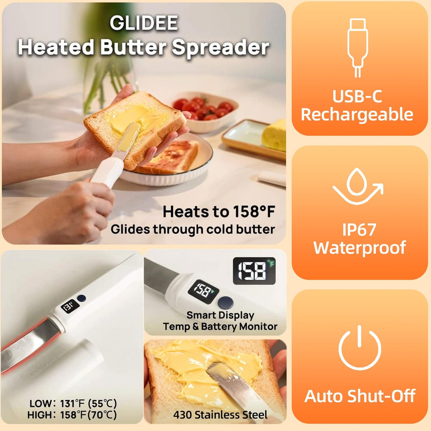 Rechargeable Heating Butter Knife Spreader,Adjustable Heat (131℉/158℉),Electric,Cordless,Heats up in 5 Seconds,Nonstick Stainless Steel Blade,Can Quickly Melt Cold Hard Butter and Coconut Oil,Cheese