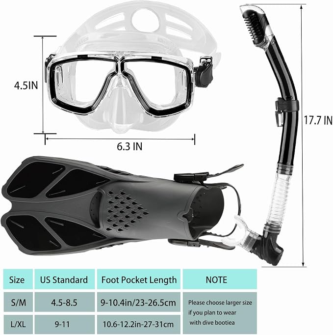 Snorkeling Gear for Adults with Fins Scuba Diving Gear Adult Professional Travel Snorkel Sets with Flippers,Anti-Fog Anti-Leak Diving Mask