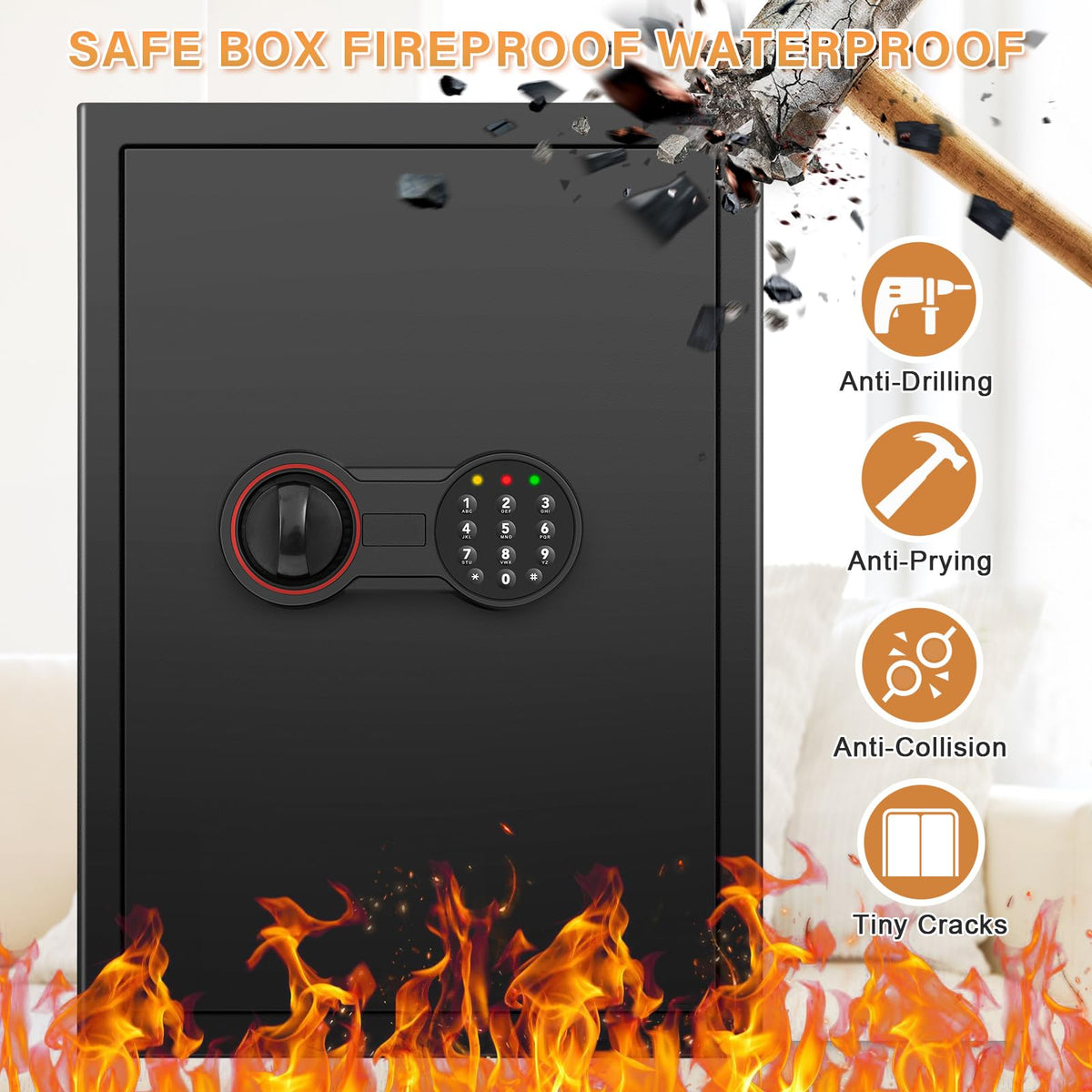 3.3 Cub Large Home Safe Fireproof Waterproof, Anti-theft Fireproof Safe Box with Programmable Keypad, Spare Keys and Removable Shelf, Digital Security Safe for Home Money Firearm Documents Medicines