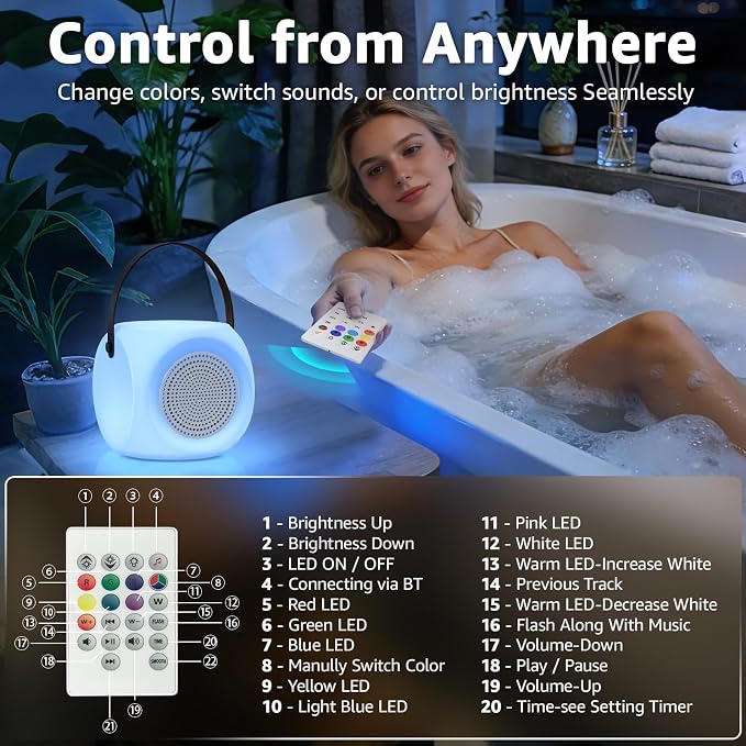 FUYO Shower Lamp with Speaker 16 Colors with Remote, Shower Lights Waterproof, Bluetooth Speakers with Lights Dual Pairing HD Stereo Sound for Indoor Outdoor Bathroom Party Pool Patio (2PCS-Fatty)