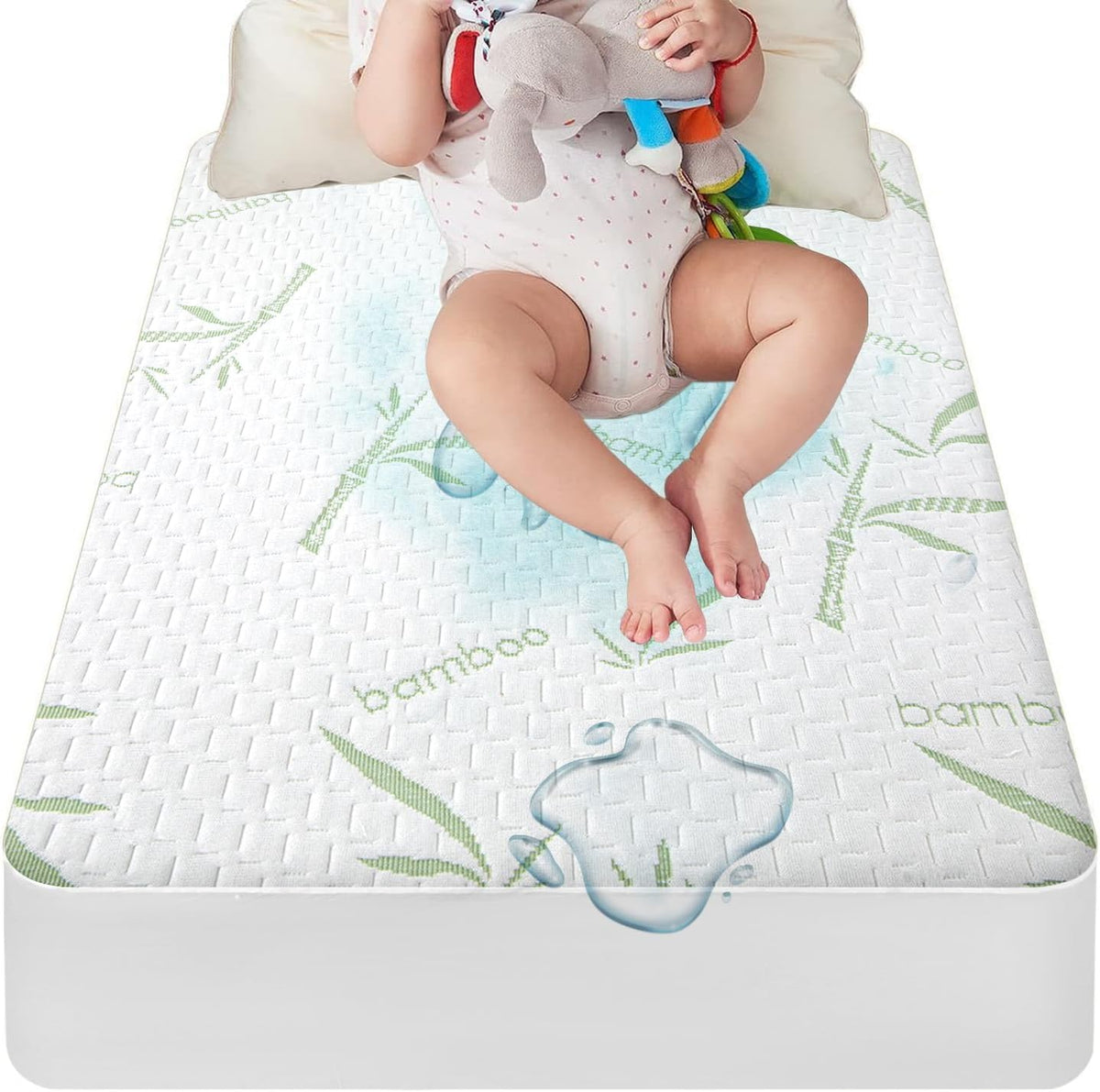 Mattress Protector Soft Crib Rayon Bamboo Waterproof Mattress Pad Cover, Soft Breathable Cooling Deep Pocket Stretches up to 21” Tightly Fitted Mattress Protection