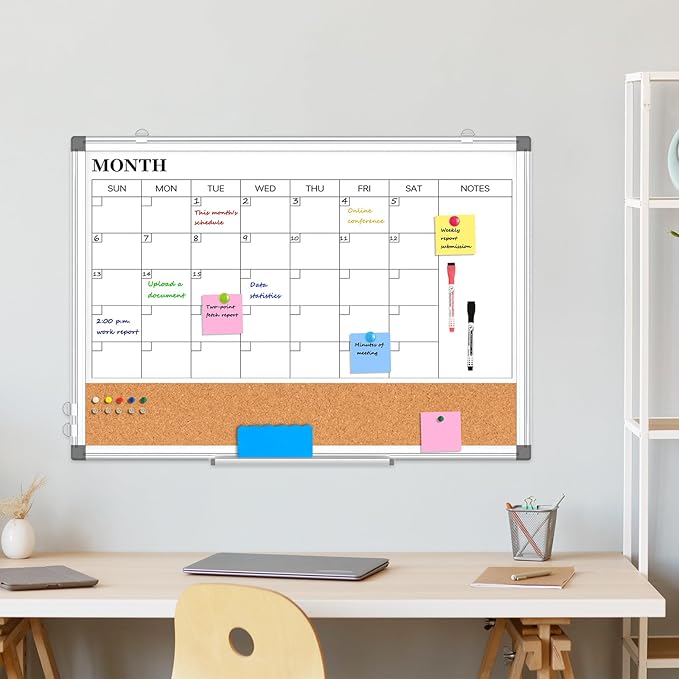 Monthly Calendar Whiteboard Dry Erase Cork Board Combo for Wall, 36" x 24" Magnetic Double-Sided Calendar White Board and Bulletin Board, Portable Board for Office, Kitchen, School, Home