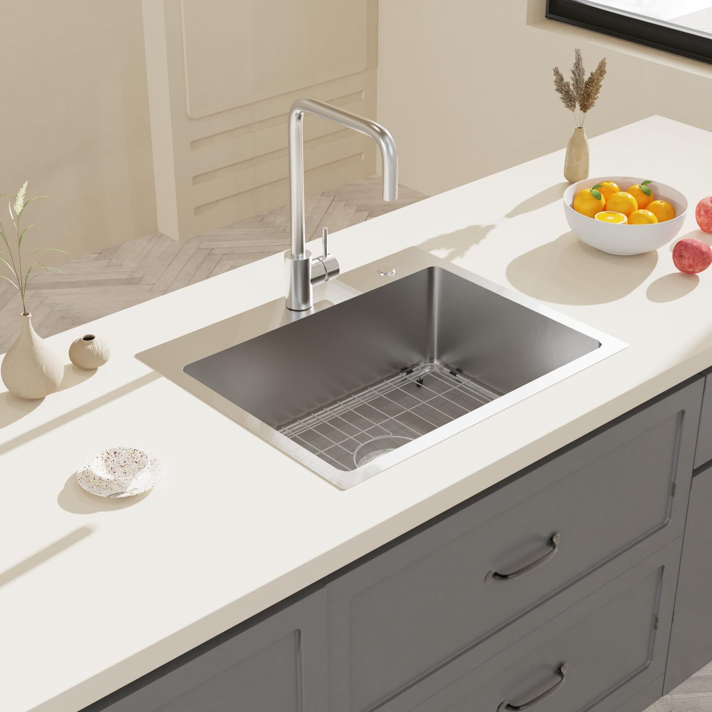 Bathenum 22" x 18" Drop in Kitchen Sink 304 Stainless Steel Single Bowl Topmount Kitchen Sink with Drain Kit and Bottom Grid, Brushed