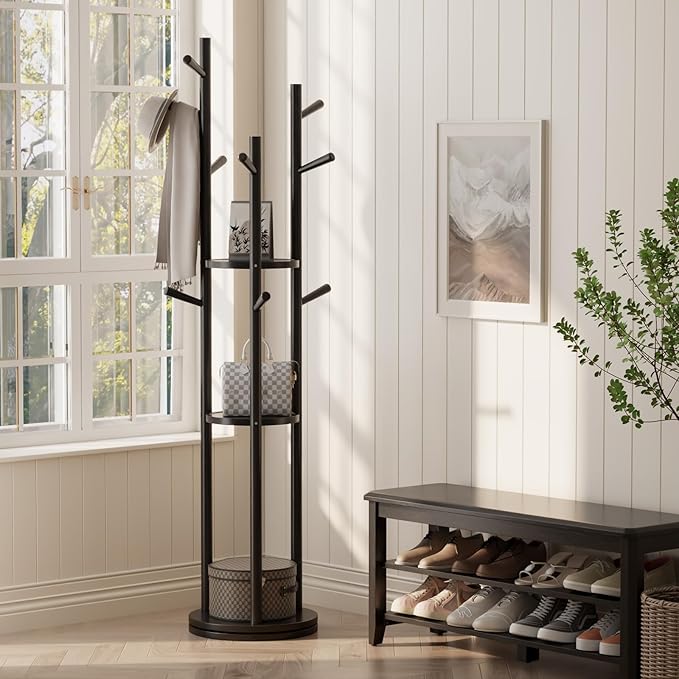 Solid Wood Rotary Coat Rack, Freestanding Coat Rack with 3 Shelves and 9 Hooks, Coat tree for Bedroom, Entryway, Livingroom, Coat Hanger Stand for Coats, Scarves, Handbags (Black)