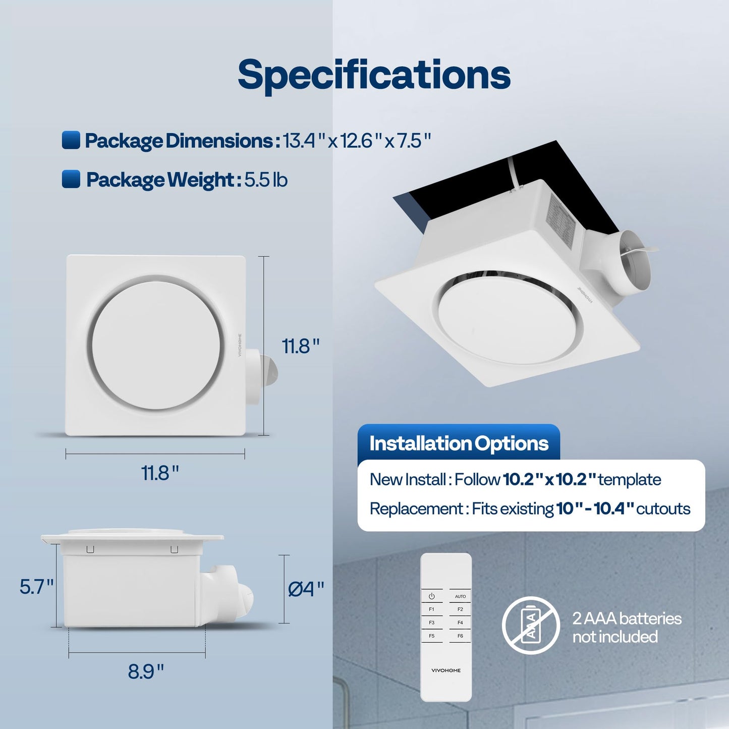 VIVOHOME AutoFlow Bathroom Exhaust Fan with Humidity Sensor (160-110-50CFM) - Energy-Saving EC Motor,10.2-inch Ceiling Retrofit Bath Fan, No Attic Access Needed(Install Kit, 4-in Duct Included)