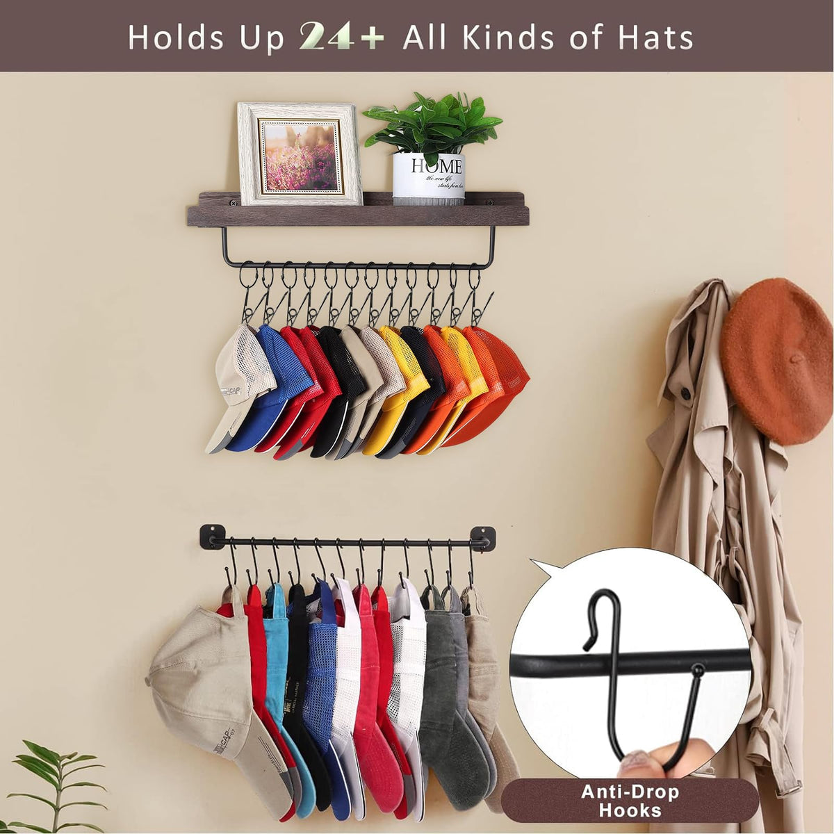HYDERMUS Hat Rack for Wall with Shelf for 24 Baseball Caps Metal Hat Organizer with 12 Clips and 12 Hook Hat Holder Wall Mounted for Baseball Caps Trucker Hat and Others Hat Weathered Walnut