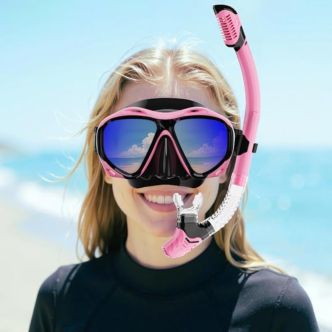 Snorkeling Gear for Adults, Snorkel Mask With Mirrored Tempered Glass Lens 180ยฐ Wide View Anti-Fog Scuba Diving Mask, Professional Snorkel Set for Swimming Diving, Gifts for Women Mom Men Dad
