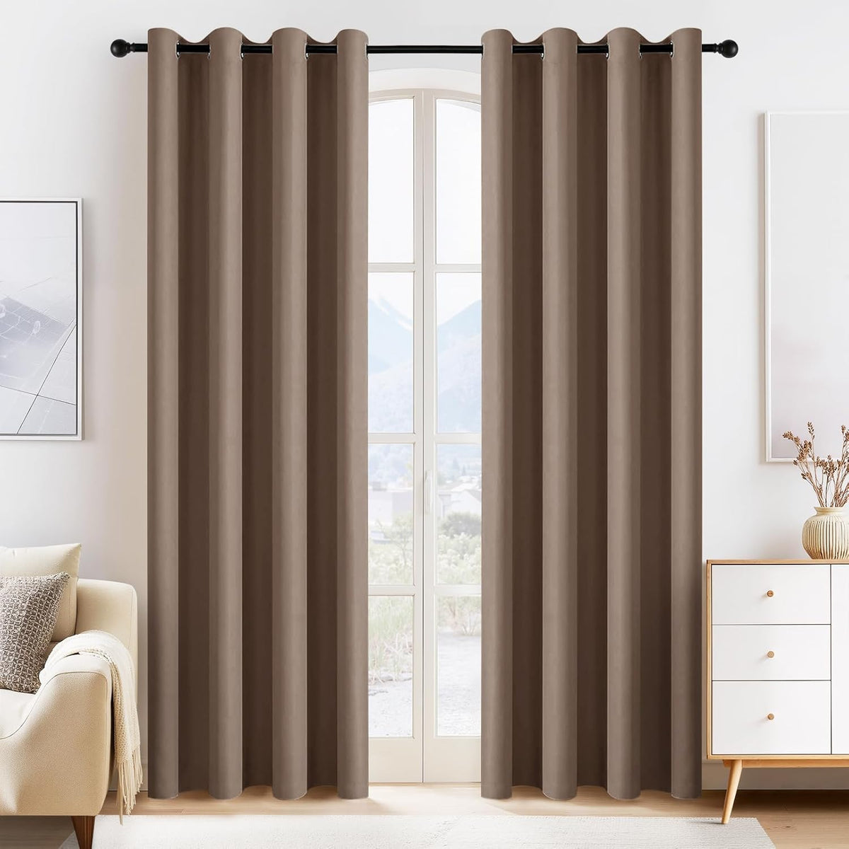 PONY DANCE Window Curtain Panels - Grommets Top Thermal Insulated Light Blocking Curtain Covers for Bedroom Dining Room/Sliding Door and Closet, 55 Width by 80 Inches Length, Mocha, Pack-2