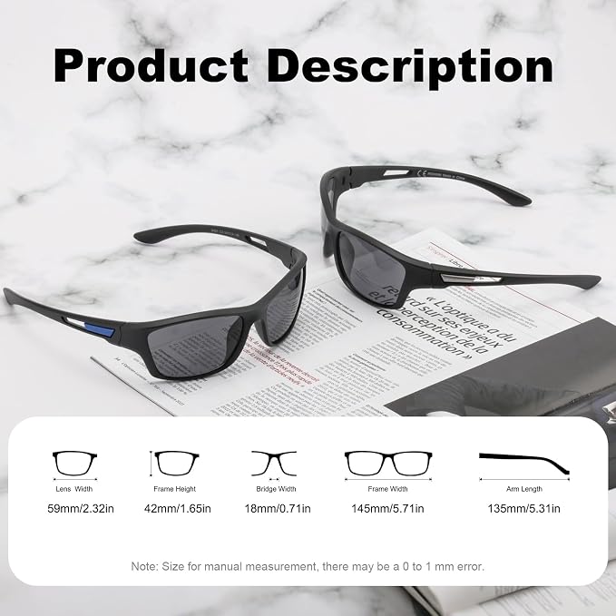 Missfive Premium Bifocal Reading Sunglasses Men Lightweight Wrap Around Design Sun Readers, UV Protection, Sports/Outdoor/Driving, 1.25x