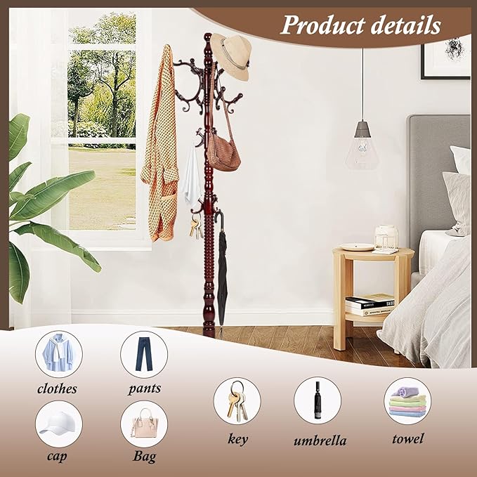 Wooden Coat Rack Freestanding, Vintage Coat Racks with Sturdy Round Base, Adjustable Height 37.40"-72.83" Entrance Coat Rack for Bedroom Living Room Entryway (Solid wood Triangle)