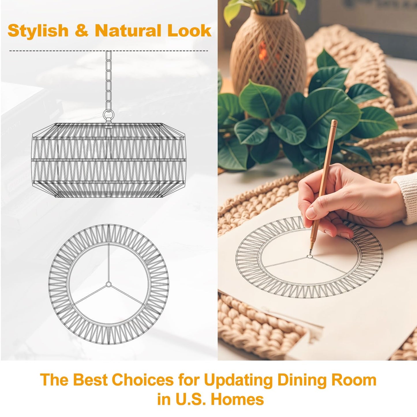 Farmhouse Chandelier Light Fixture, 5-Light Rattan Boho Chandeliers for Dining Room, Hand Woven Pendant Light with Linen Shade, Rustic Hanging Lighting for Kitchen Island, Bedroom (Bulb Not Included)