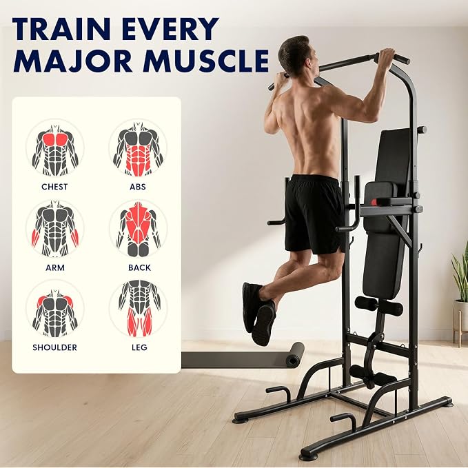 SQUATZ Pull-Up Dip Station - Your All-in-One Power Tower Gym and Chin-Up Bar Stand with Collapsible Bench for Home Exercise and Bench Press
