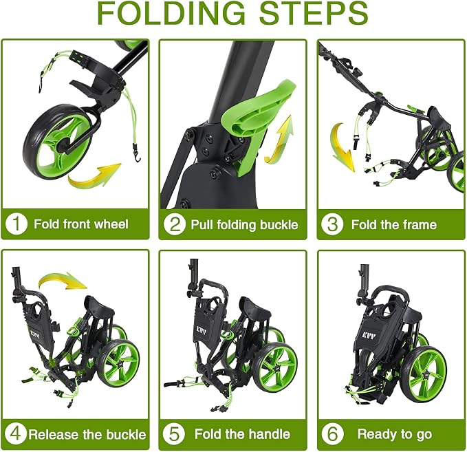 KVV 3 Wheel Golf Push Cart Ultra Lightweight Smallest Folding Size, New-Version Scorecard Holder