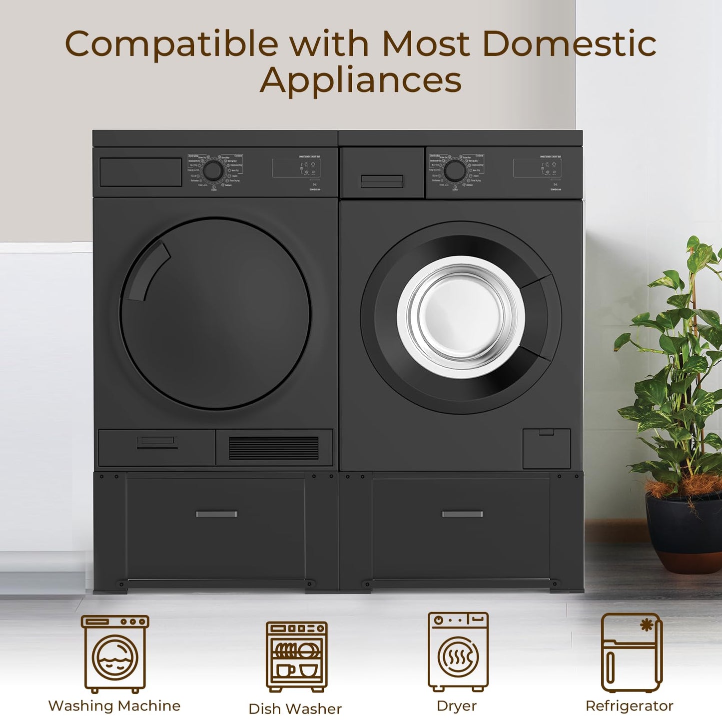 SKM Washer and Dryer Pedestal with Drawer, Laundry Pedestal for Washer and Dryer Stand, Heavy Duty Steel Washing Machine Stand Height Raiser (2, black, 29" W x 29" D x 14" H)