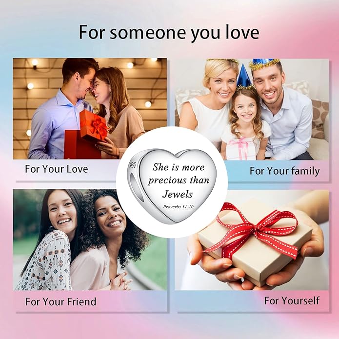 Bible Family Mom Wife Love Heart Dangle Charm 925 Sterling Silver Charms fits Bracelets and Necklace Pendant Bead Charms Jewelry Present for Women Family Friends