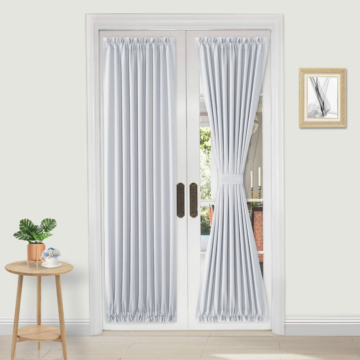 DWCN French Door Curtains â Rod Pocket Thermal Curtain for Doors with Glass Window, Kitchen and Patio Doors for Privacy, 36 X 80 Inches Long, 1 Curtain Panel with Tieback, Greyish White