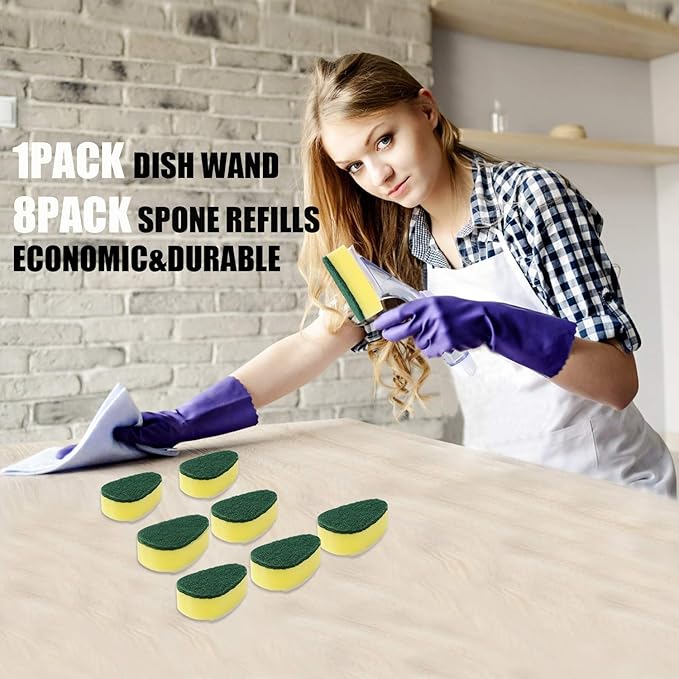 Dish Wand with 7Pack Replacement Dish Wand Sponges,Not Easy Leak Dishwand and Long Lasting Replacement Sponge Heads,Dish Brush Pads Kitchen Cleaning Sets