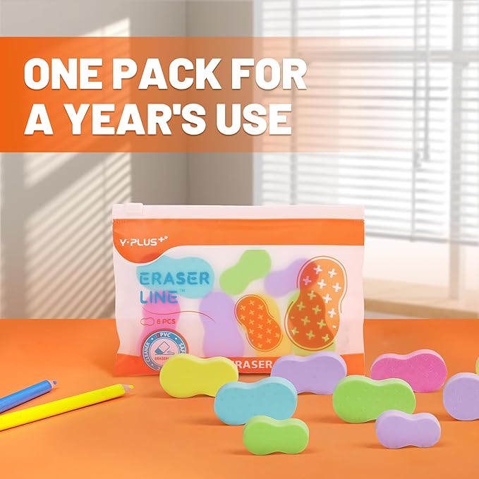 Yplus Eraser Line - Hipolymer Pencil Erasers for School Office, Cute White Rubber Eraser for Kids, Artist No Residues, 6 Pcs Multicolors