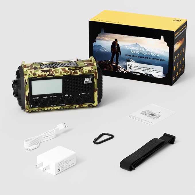 12000mAh/44400mWh Weather Radio, Hand Crank Emergency Radio Portable AM FM Shortwave, Solar Rechargeable Battery Powered Radio with NOAA Alert, USB-C Charger & Adapter, SOS Flashlight for Emergency