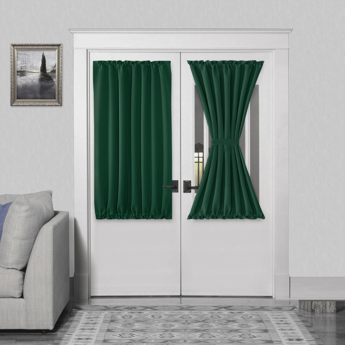 DWCN French Door Curtains â Rod Pocket Thermal Blackout Curtain for Doors with Glass Window, Kitchen and Patio Doors for Privacy, 54 X 40 Inches Long, 1 Curtain Panel with Tieback,Hunter Green