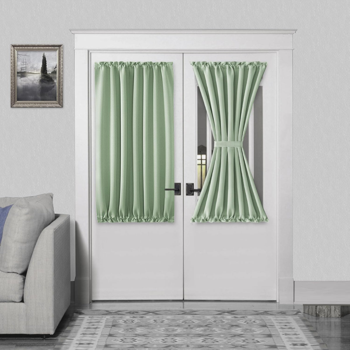 DWCN French Door Curtains â Rod Pocket Thermal Blackout Curtain for Doors with Glass Window, Kitchen and Patio Doors for Privacy, 54 X 40 Inches Long, 1 Curtain Panel with Tieback,Bean Green