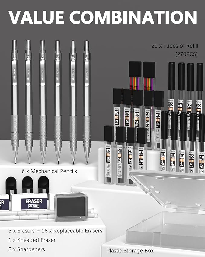 Nicpro 35PCS Silver Metal Mechanical Pencils Set in Case, Art Drafting Pencil 0.5, 0.7, 0.9 mm & 3PCS 2mm Graphite Lead Holder for Drawing Sketching With 20 Tube Lead Refills(6B 4B 2B HB 2H 4H Colors)
