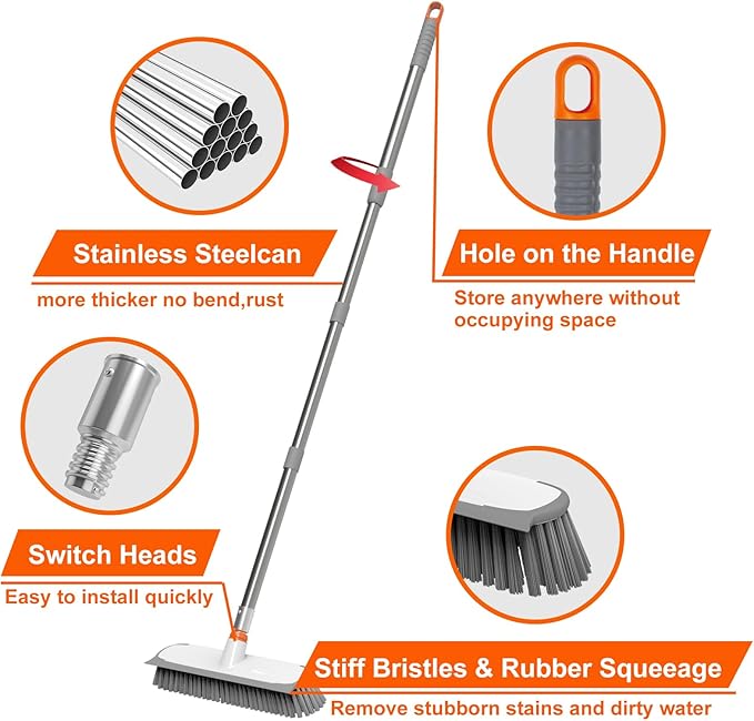 Floor Scrub Brush with Long Handle, Stiff Bristles Deck Brush, BITOPE Multi-Purpose Heavy Duty Hardwood Floor Scrubber, Cleaning Concrete Balcony Patio Garage Outdoor/Indoor