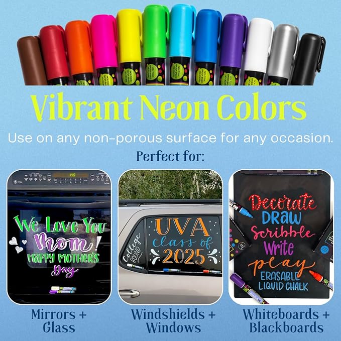 Liquid chalk markers erasable. 6 neon dry & wet erase marker pens for windows, mirrors, whiteboards, chalkboards, glass boards, auto windshields. Reversible thick and thin tip. Washable