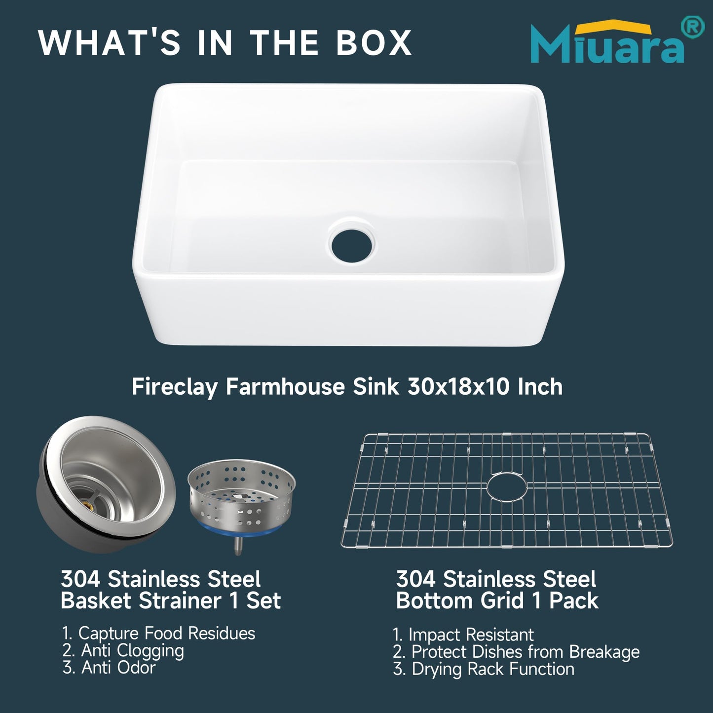 Miuara Farmhouse Sink 30 Inch - White Apron Front Kitchen Sink Reversible 30"x18", Undermount Farm House Style Single Bowl, Heavy Duty Solid Fireclay, Glossy White, for Kitchen & Laundry