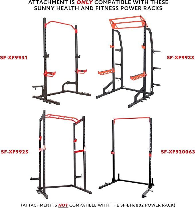 Sunny Health & Fitness Power Cage Squat Rack Upgrade Attachments, Dip Bar, Plate Bar Holder, Belt Squat, J Hook, Lat, Adapter, U Ring, Pull Up Bar, Landmine, Captain's Chair, Tricep Rope For Home Gym