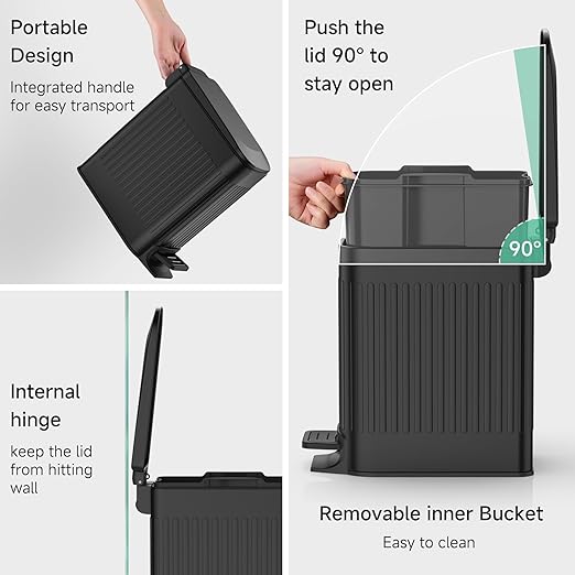TIPGO Slim Bathroom Trash Can with Lid Soft Close, Step Pedal, 6 Liter / 1.6 Gallon Stainless Steel Trash Bin, Small Garbage Cans for Bedroom, Office, Kitchen (Black)